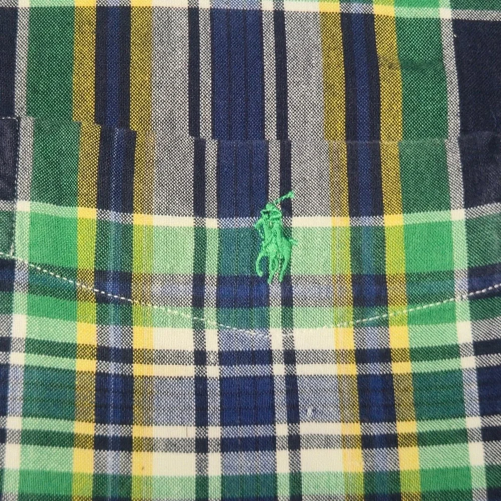 Polo Ralph Lauren Mens Short Sleeve Plaid Button Down Shirt Navy Green Yellow M